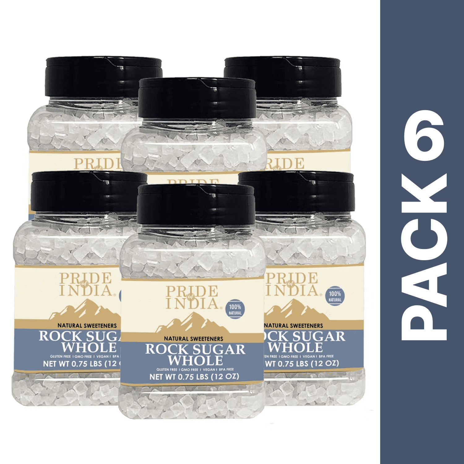 Pride Of India - 6 Pack - Rock Sugar Whole - 12 oz Jar, Natural Sugar Crystals for Tea & Cooking