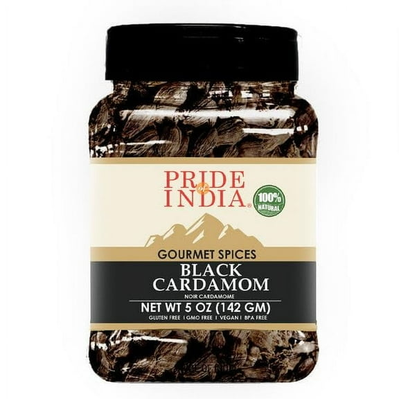 Pride of India - PACK of 6 - Black Cardamom Whole 5 oz (142 gm) Cardamom Pods Firm & Smoky Flavor Freshly Dried Ideal for Indian & Asian Cooking Easy to Use Medium Dual Sifter Bottle