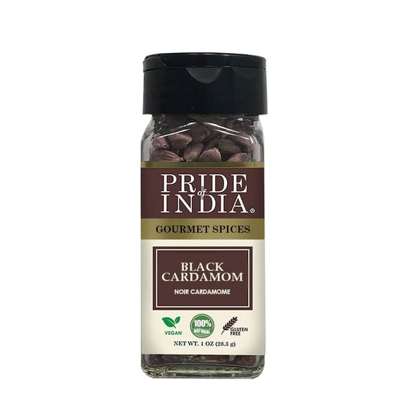 Pride of India - PACK of 6 - Black Cardamom Whole  Cardamom Pods  Firm & Smoky Flavor  Freshly Dried  Ideal for Indian & Asian Cooking  Easy to Use  1 oz. Small Dual Sifter Bottle