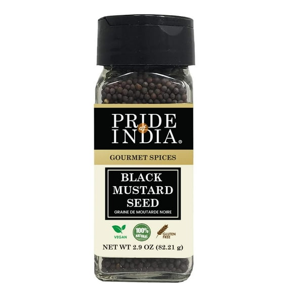 Pride of India - PACK of 6 - Black Mustard Seed – Gourmet & Vegan Indian Spice – Pungent/Spicy Flavor – Dry Seasoning - Gluten & GMO Free – Easy to Use – 3oz. Small Dual Sifter Bottle