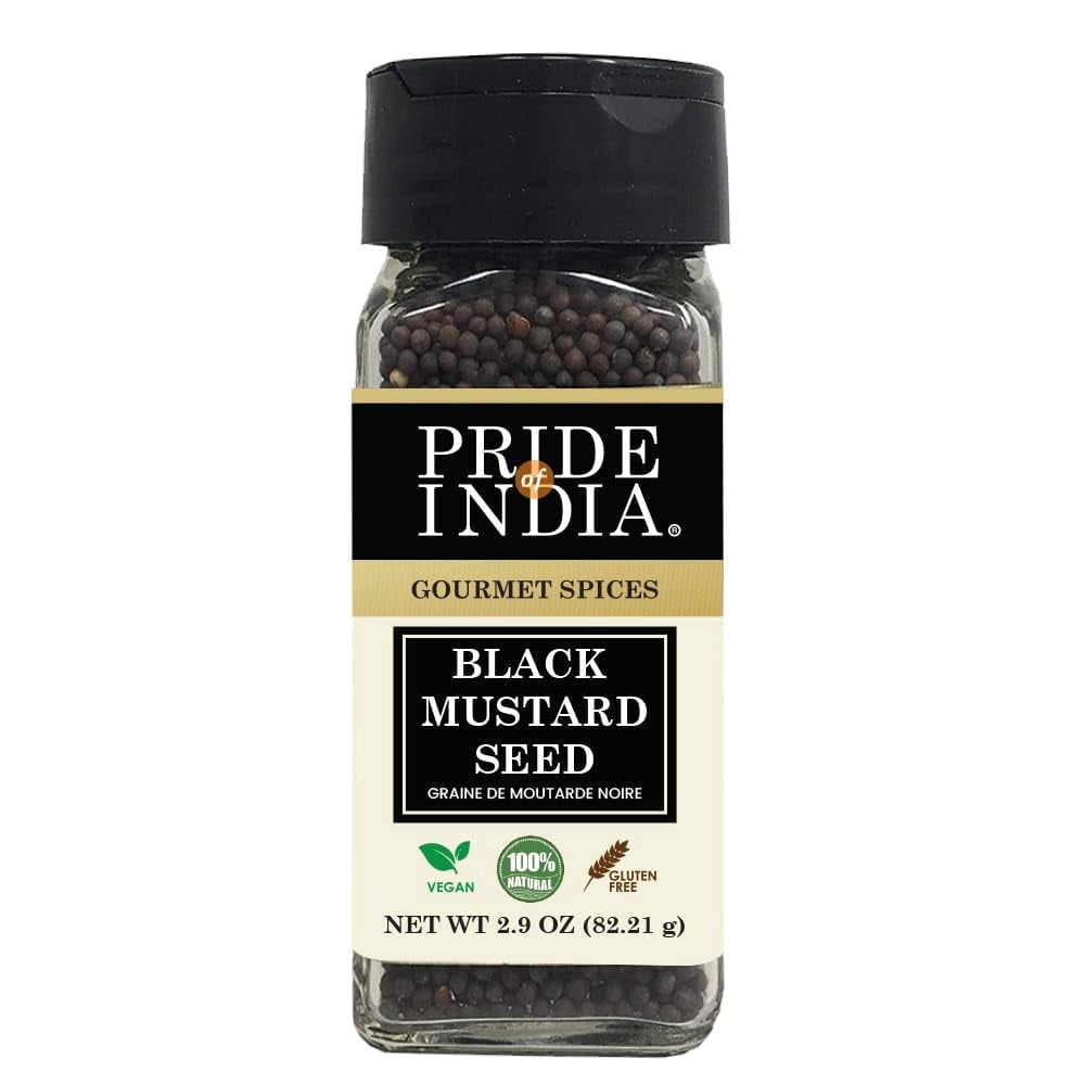 Pride of India - PACK of 6 - Black Mustard Seed – Gourmet & Vegan Indian Spice – Pungent/Spicy Flavor – Dry Seasoning - Gluten & GMO Free – Easy to Use – 3oz. Small Dual Sifter Bottle