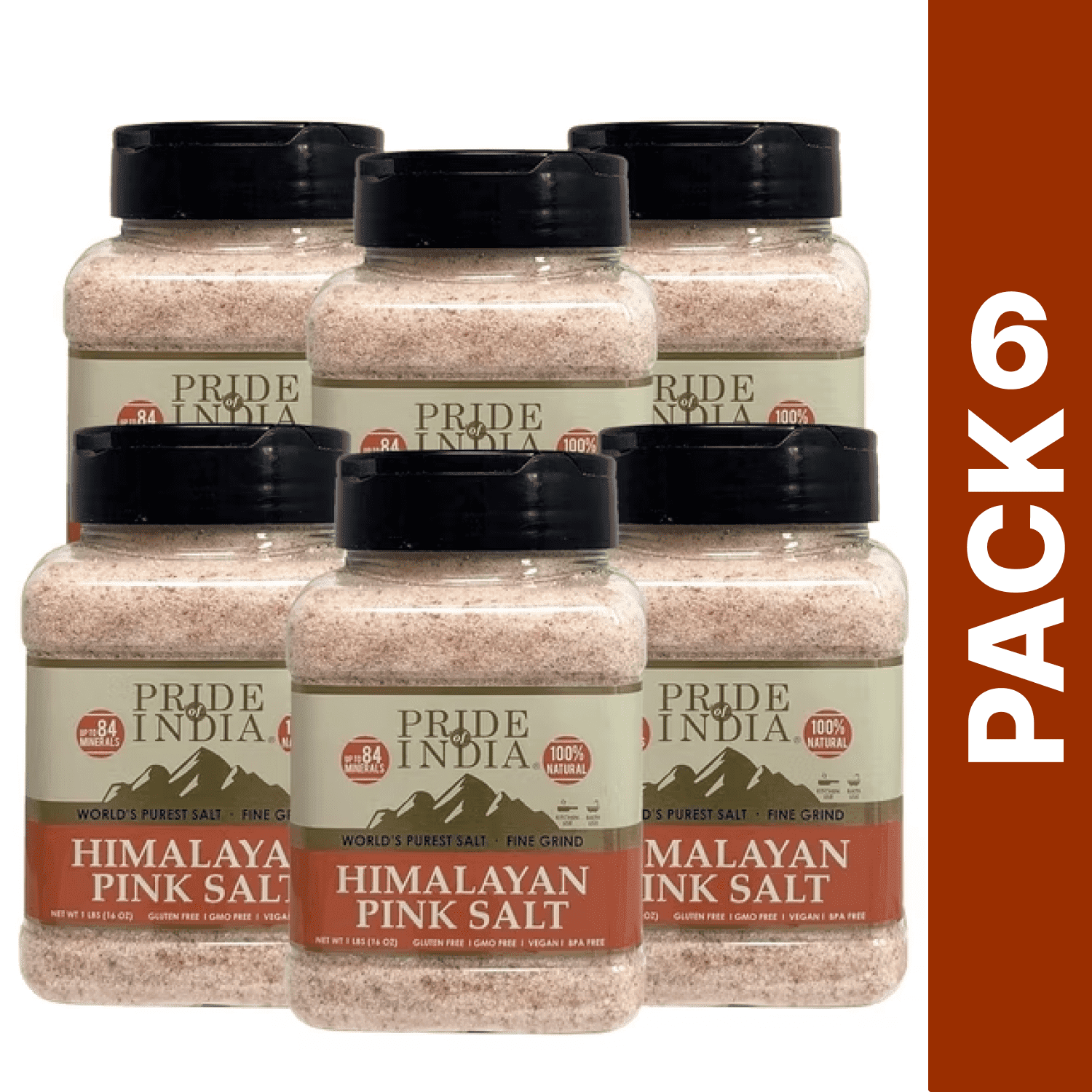 Pride of India - Pack of 6 - Himalayan Pink Salt, Fine, 1 lb, Natural Rock Salt, Ideal for Cooking & Bath, Gluten-Free
