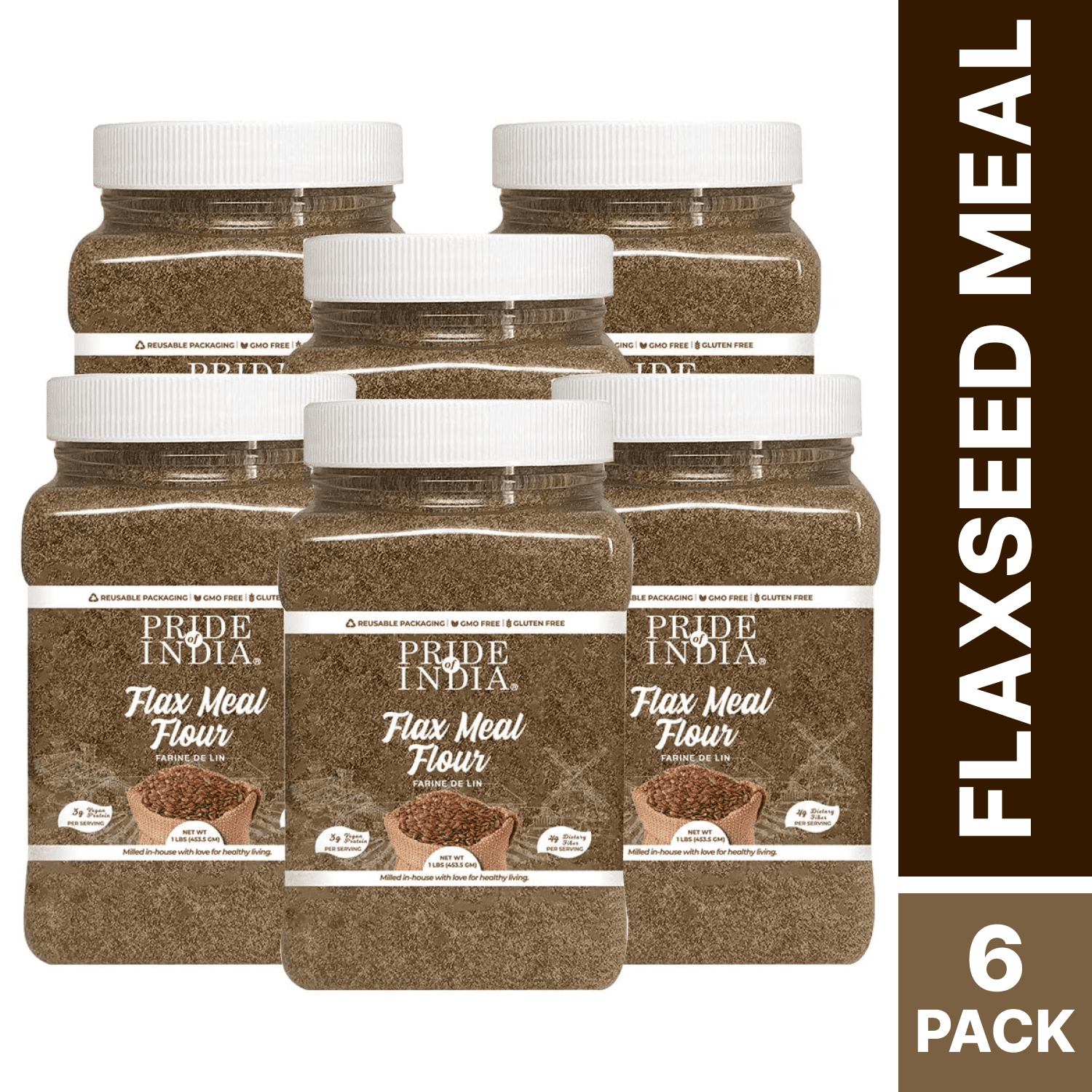 Pride of India - Pack of 6 - Flaxseed Meal, Finely Milled, Gluten-Free, 1 lb Jars