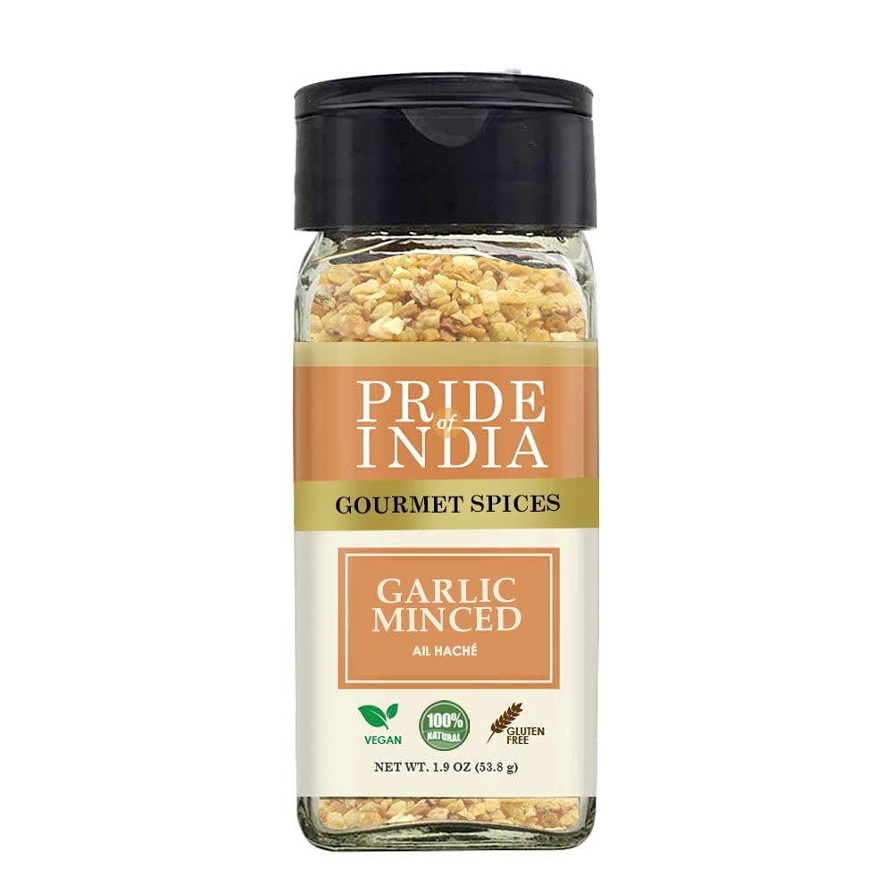 Pride of India - PACK of 6 - Garlic Minced – Gourmet Seasoning – Ideal for Dips/Sauces/Bread/Salad/Stir-Fries – Ideal Pantry Condiments – Easy to Use – 1.9 oz. Small Dual Sifter Bottle