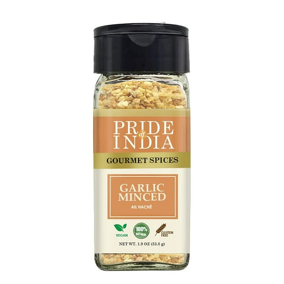 Pride of India - PACK of 6 - Garlic Minced Gourmet Seasoning Ideal for Dips/Sauces/Bread/Salad/Stir-Fries Ideal Pantry Condiments Easy to Use 1.9 oz. Small Dual Sifter Bottle
