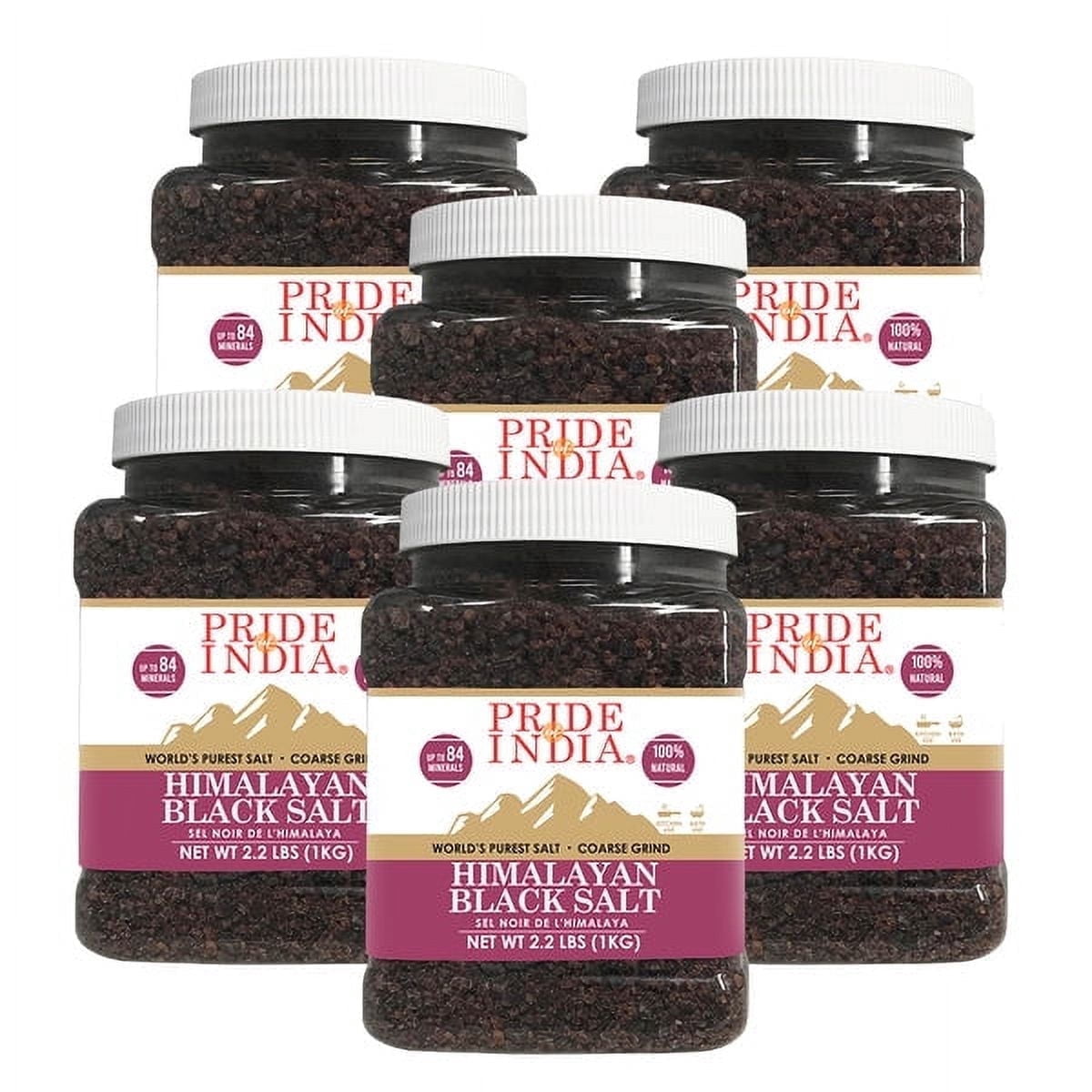 Pride Of India - PACK of 6 - Himalayan Black Rock Salt, Coarse Grind, 2.2 Pound (1 KG), Kala Namak, Great for Salt Grinders, Cooking, Tofu Scrambles