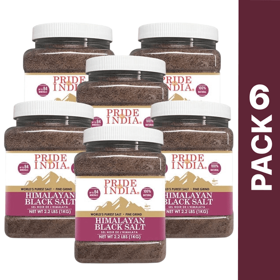 Pride of India - PACK of 6 - Himalayan Black Salt Fine, Kala Namak, 2.2 lbs, Natural Faux Egg Flavor, Ideal for Vegan Cooking, Gluten-Free
