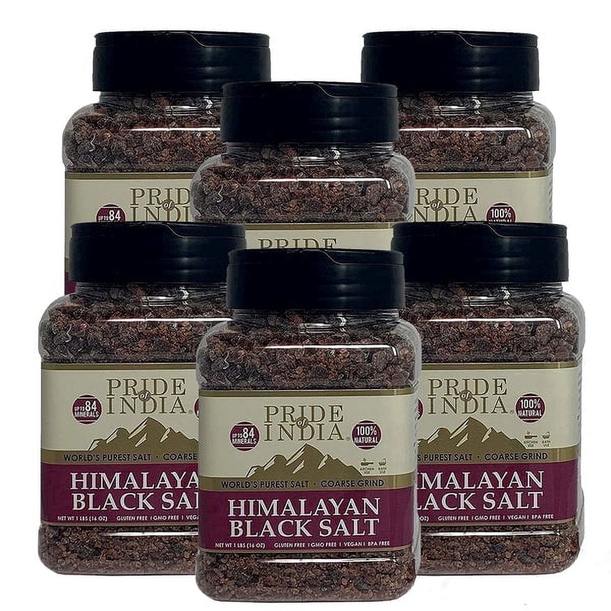 Pride Of India - Pack of 6 - Himalayan Black Salt, Coarse, 1 lb, Kala Namak, Natural Faux Egg Flavor, Ideal for Vegan Cooking, Gluten-Free