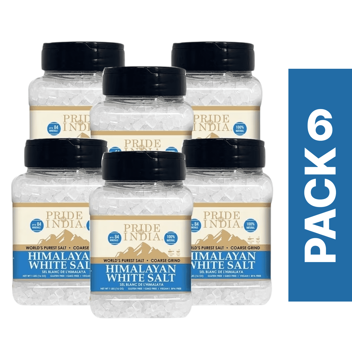 Pride of India - Pack of 6 - Himalayan White Salt, Coarse Grains, 1 lb Jar, Great for Cooking, Natural Rock Salt, Vegan & Gluten-Free