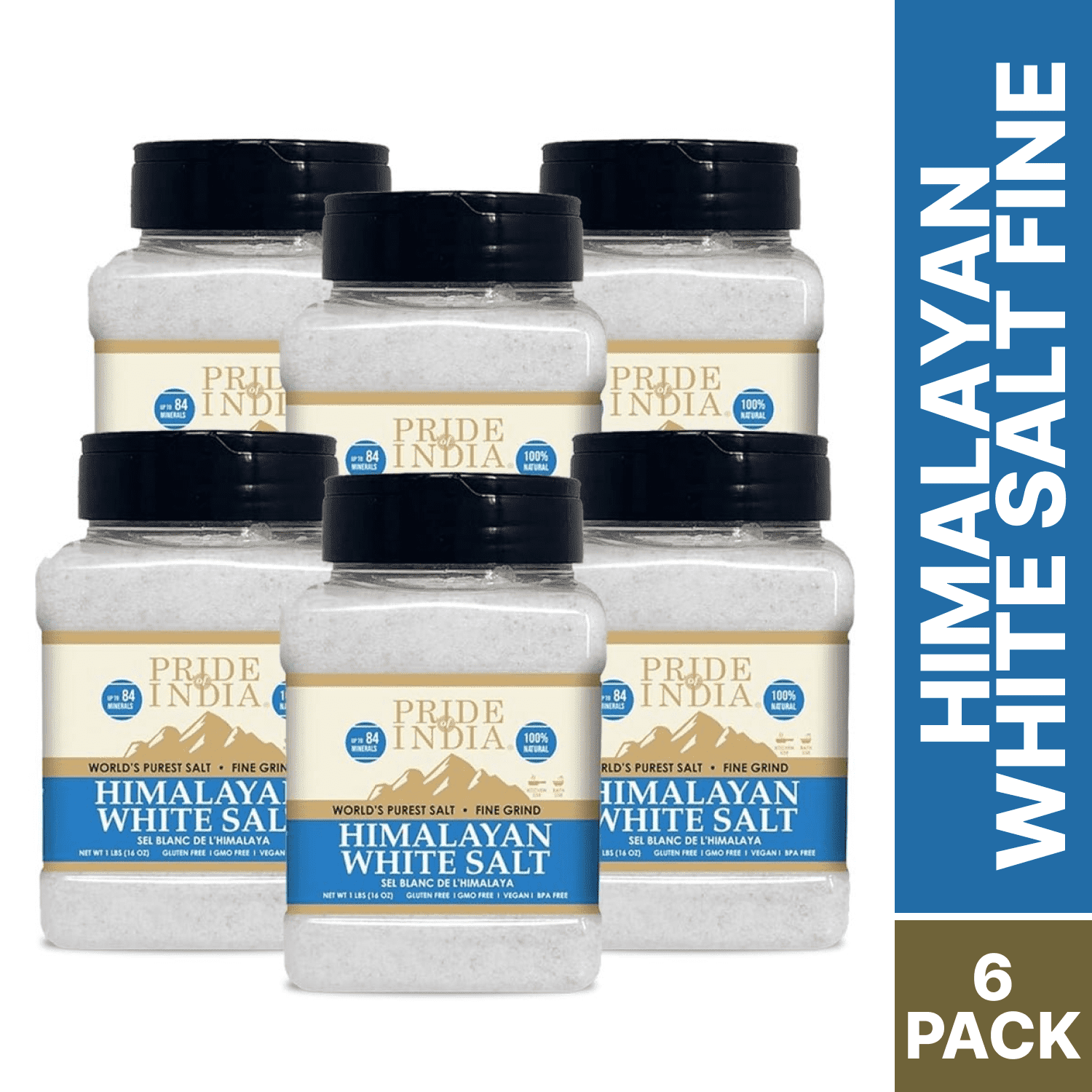 Pride of India - Pack of 6 - Himalayan White Salt, Fine, 1 lb, Natural Rock Salt, Gluten-Free, Vegan, Non-Bioengineered
