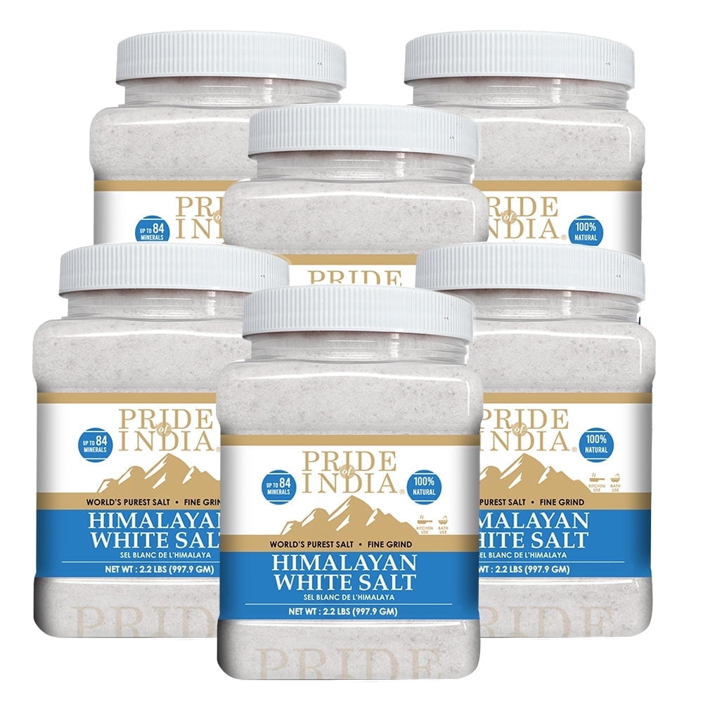 Pride of India - PACK of 6 - Himalayan White Salt Fine Grind 2.2 lbs (997.90 gm)- Rarest & Enriched W/84+ Natural Minerals- Low Sodium- Mineral Rich Nutrition and Enhanced Taste- Healthier Table Salt