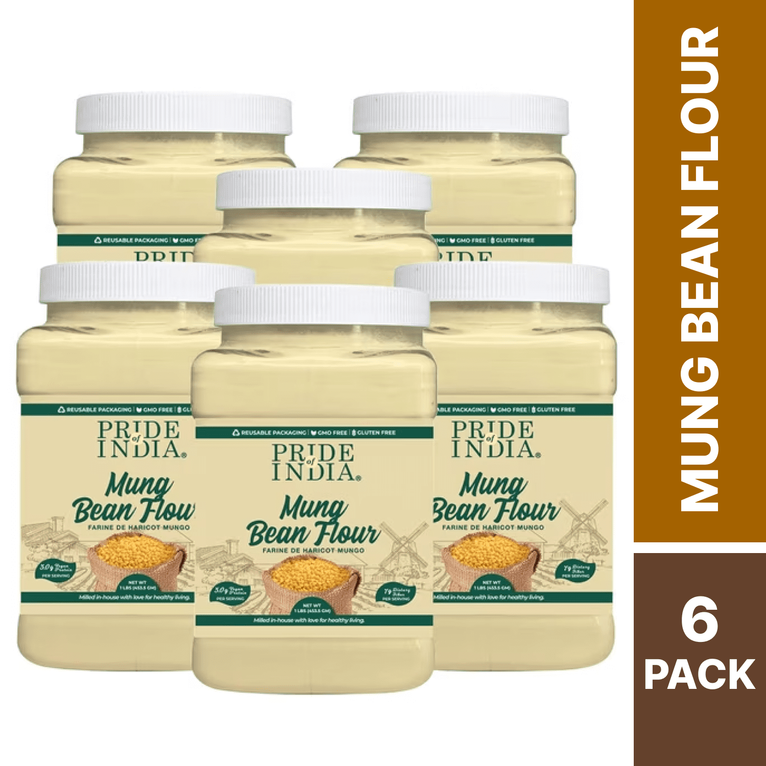 Pride of India - Pack of 6 - Mung Bean Flour, Great for Baking and Cooking, 1 lb Jars, Gluten-Free