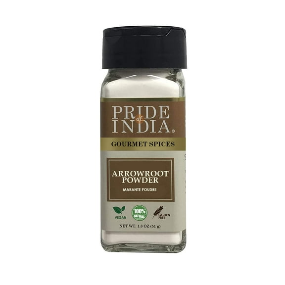 Pride of India - PACK of 6 - Natural Arrowroot Ground Powder Gourmet Baking & Thickening Agent Gluten & GMO Free Good for Sauces, Fritters & Fries Easy to Use 2oz. Dual Sifter Bottle