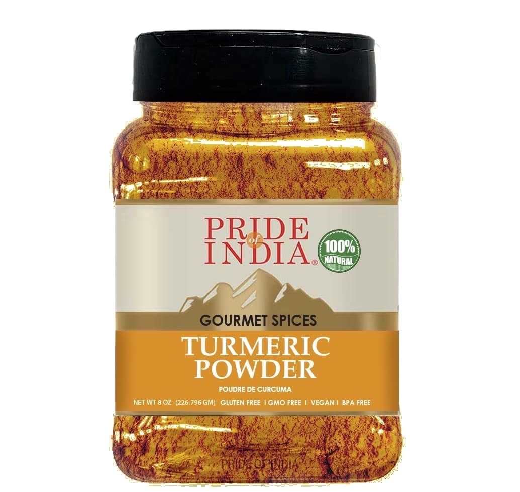 Pride of India - PACK of 6 - Natural Turmeric Ground-Traditional Indian Spice-Pantry Essential-Curcumin Rich and Gourmet-For Curries/Lentil/Meat/Pilaf- Easy to Use-8oz. Medium Dual Sifter Jar