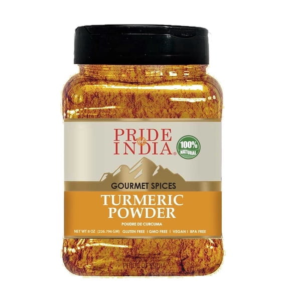 Pride of India - PACK of 6 - Natural Turmeric Ground-Traditional Indian Spice-Pantry Essential-Curcumin Rich and Gourmet-For Curries/Lentil/Meat/Pilaf- Easy to Use-8oz. Medium Dual Sifter Jar