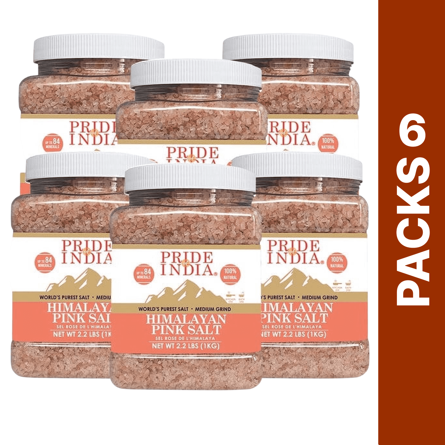 Pride Of India - PACK of 6 - Himalayan Pink Salt, Medium Grind, 2.2 lbs, Natural, Ideal for Salt Grinders, Cooking & Bath