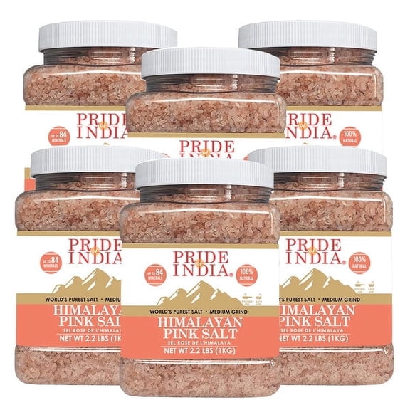 Pride Of India - PACK of 6 - Himalayan Pink Rock Salt, Medium Grind, 2.2 lb Jar, 84+ Natural Minerals, Ideal for Salt Grinders, Cooking & Bath Use