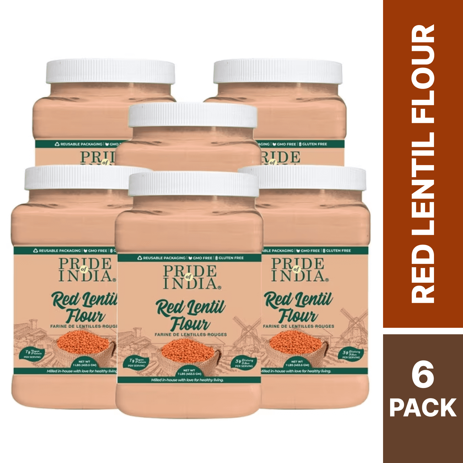 Pride of India - Pack of 6 -  Red Lentil Flour, Gluten Free, Plant Based Protein, 1 lb Jars