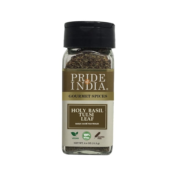 Pride of India - PACK of 6 - Sweet Holy Basil Leaf Indian Tulsi Leaf Cut & Sifted Gourmet Herb Rich in Nutrients Ocimum sanctum GMO Free Easy to Use 0.4 oz. Small Dual Sifter Bottle