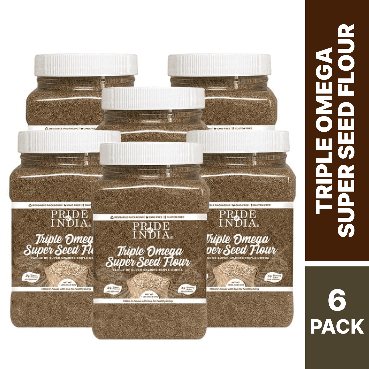 Pride of India - Pack of 6 - Triple Omega Super Seed Flour, Gluten Free Baking Blend, 1 lb Jar