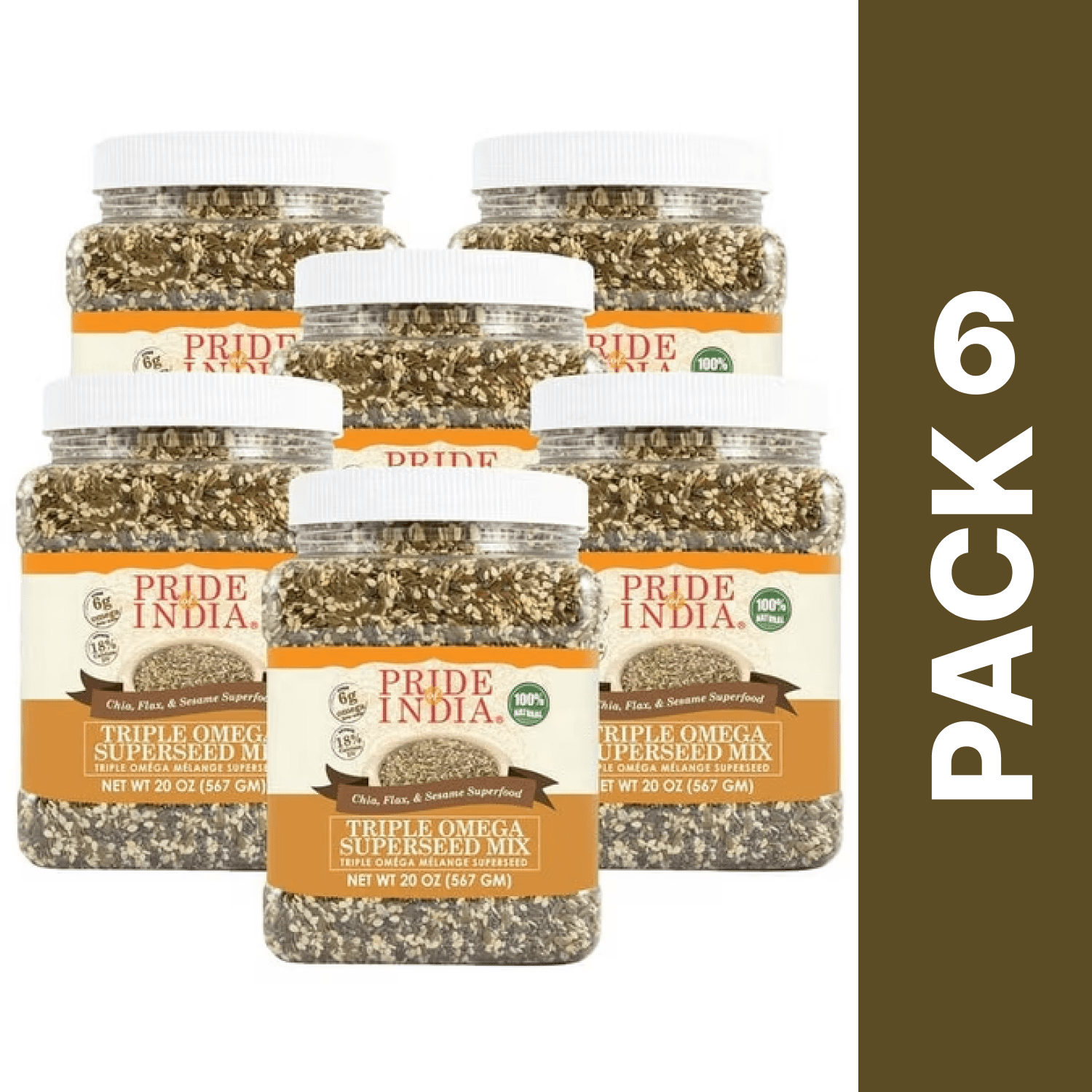 Pride of India Triple Omega Super Seed Mix, Chia, Flax and Sesame Seed Blend, 1.25 lbs (Pack of 6)