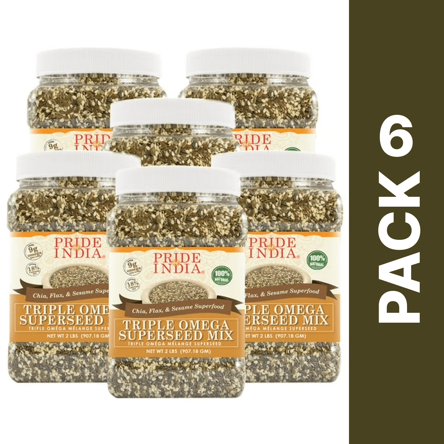 Pride of India Triple Omega Super Seed Mix, Chia, Flax and Sesame Seed Blend, 2 lbs  (Pack of 6)