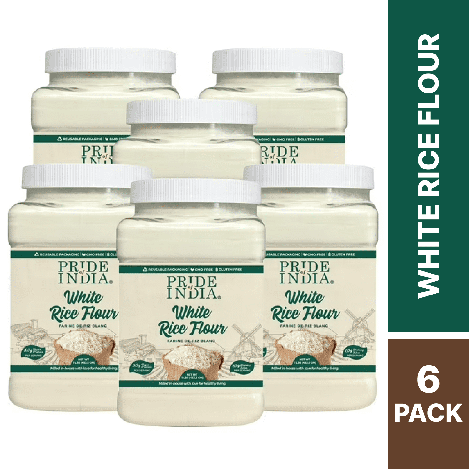 Pride of India - Pack of 6 - White Rice Flour, Gluten Free, 1 lb Jars
