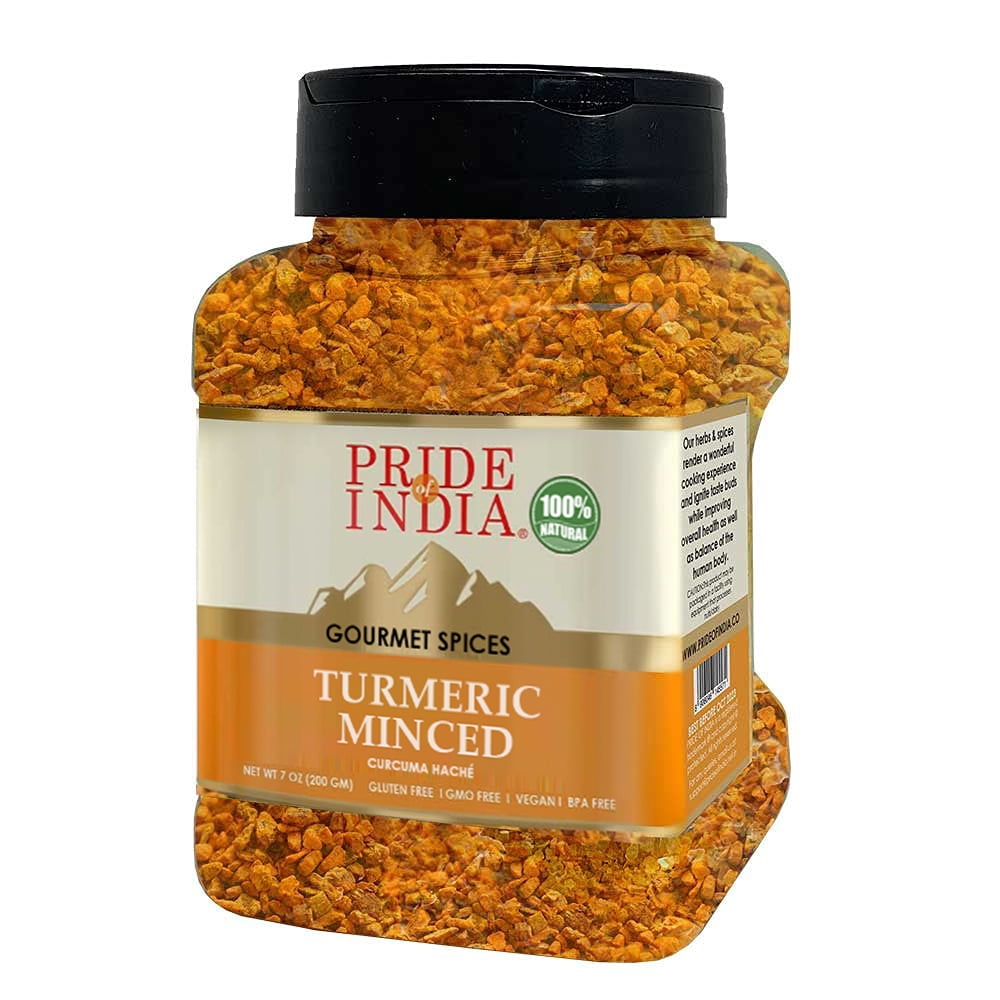 Pride of India  Turmeric Minced Whole  Gourmet Spice  Curcumin Rich/ Anti-inflammatory Properties  No Additives/ Gluten  Easy to Use  7 oz. Medium Dual Sifter Jar