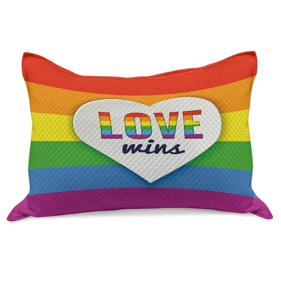 Pride Knitted Quilt Pillowcover, Rainbow Flag with Stripes Heart with Love Wins Text LGBT Culture Colorful, Standard King Size Pillow Cover for Bedroom, 36" x 20", Multicolor, by Ambesonne