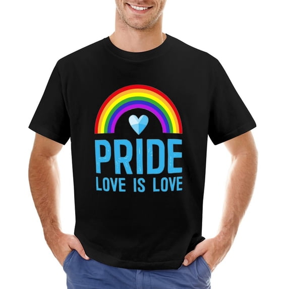 Pride Love Is Love Crystal Heart Rainbow LGBTQ Community Men’s T-Shirt 100% Cotton Casual Short Sleeve Tops Gift Tee Black L