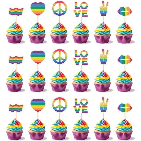 Pride Month Cupcake Toppers, Rainbow Cupcake Toppers, Pride Decor, Pride Month Party Decorations (Rainbow) 24Pcs