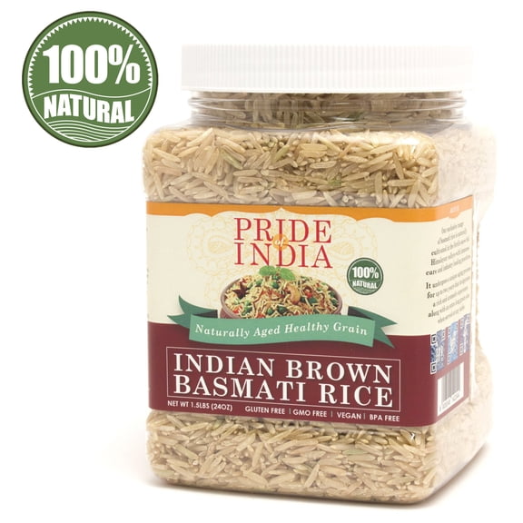 Pride of India - Extra Long Indian Brown Basmati Rice - 1.5 lbs (680 Gm) Jar - Naturally Aromatic, Healthy & Nutritious Diet - Low Glycemic Index - Great for Salads, Pilaf & Desserts.