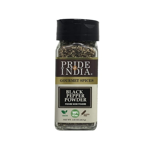 Pride of India  Black Pepper Ground  Ideal for Gourmet Dishes/Soups/Stews/Rubs  Fresh & Preservatives Free  Warming Spice  Easy to Use  1.65 oz. Small Dual Sifter Jar