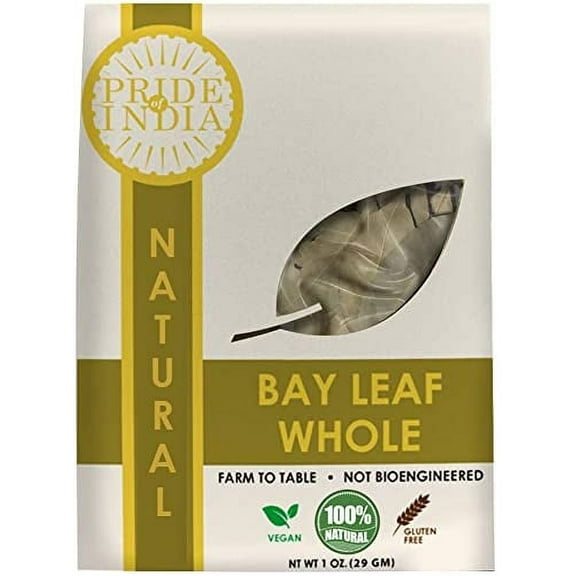 Pride Of India Natural Bay Leaf Whole- 1 oz (29 gm) Resealable Pouch Whole Spice