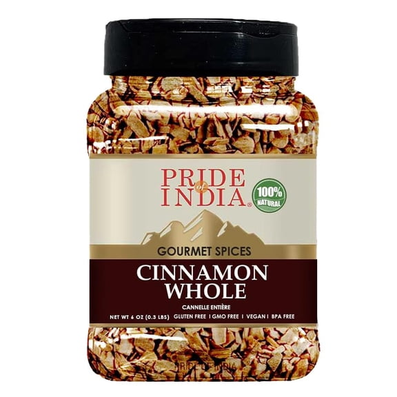 Pride Of India - PACK of 6 - Cinnamon Bark Whole Freshly Sourced from India Gourmet Whole Spice Strong Aroma Perfect for Cooking & Baking Easy to Store 6 oz. Medium Dual Sifter Bottle