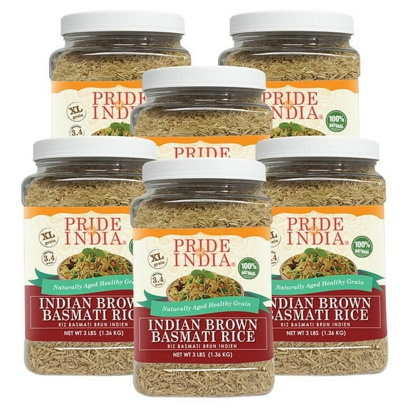 Pride of India Extra Long Brown Basmati Rice, 3 lbs Jar, Pack of 6