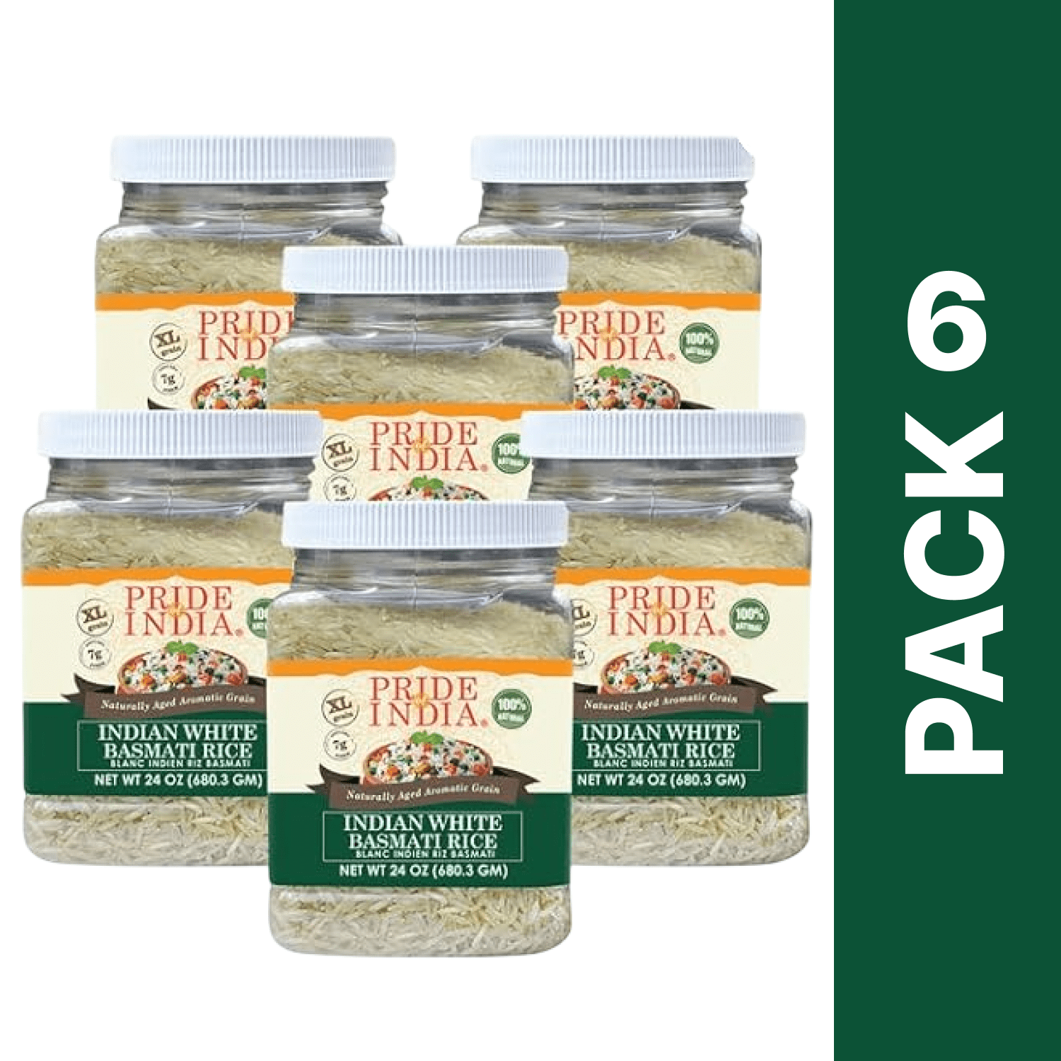 Pride Of India - Pack of 6 - Naturally Aged White Basmati Rice, Extra Long Grain, 1.5 lbs Jar, Gluten-Free