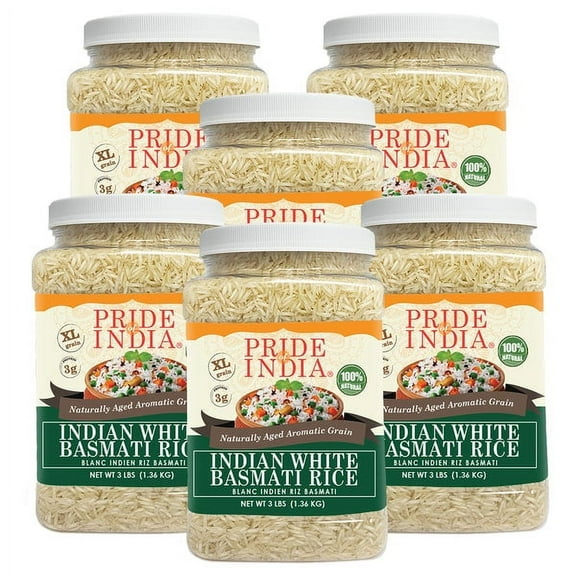 Pride of India Extra Long Indian Basmati Rice, 3 lbs Jar, Pack of 6