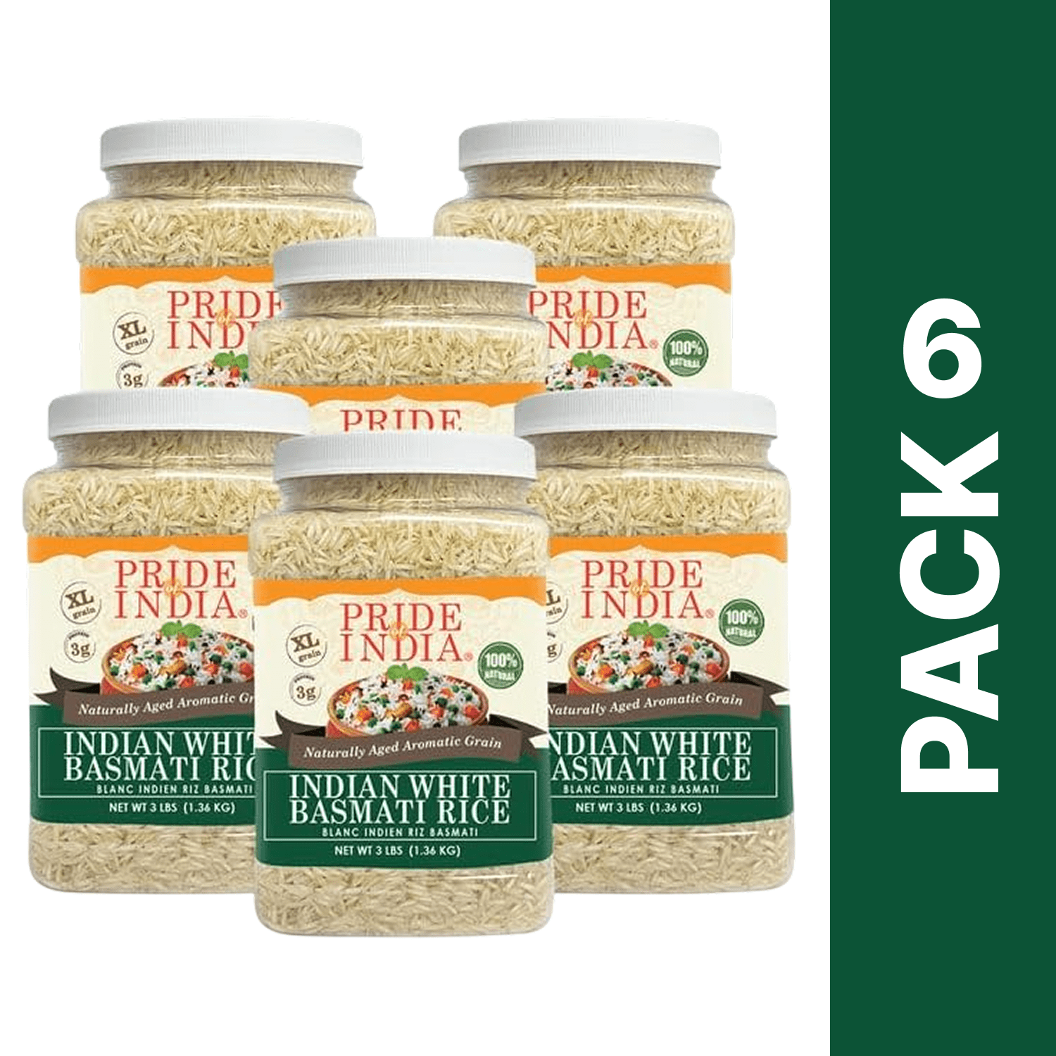 Pride of India - Pack of 6 - Naturally Aged White Basmati Rice, Extra Long Grain, 3 lbs Jar, Gluten-Free