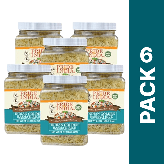 Pride Of India - Pack of 6 - Golden Parboiled Basmati Rice, Extra Long Grain Sella Rice, 1.5 lbs Jar, Gluten-Free