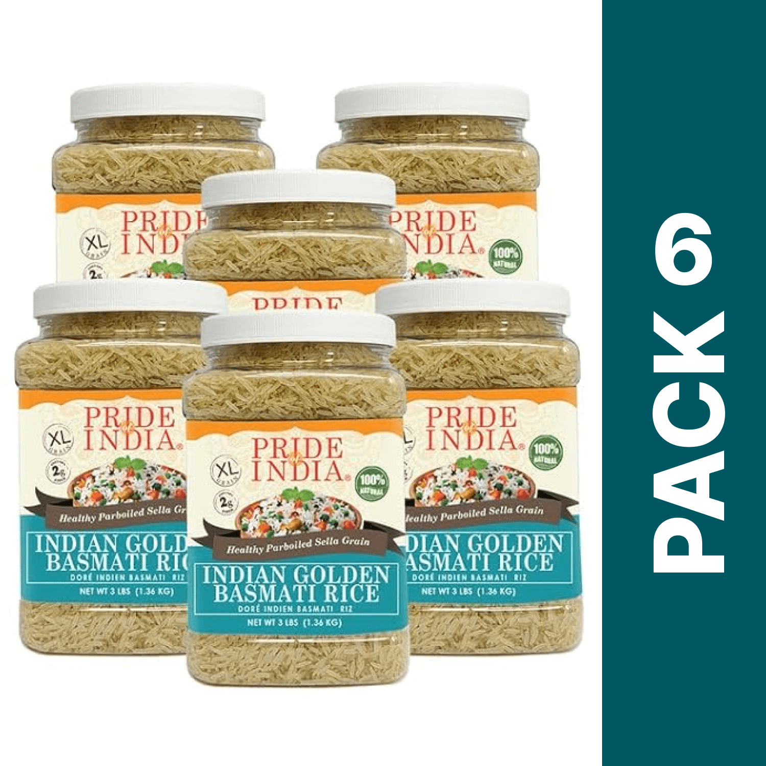 Pride of India - Pack of 6 - Golden Parboiled Basmati Rice, Extra Long Grain Sella Rice, 3 lbs Jar, Gluten-Free