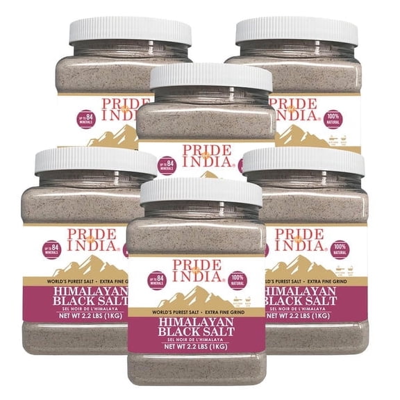 Pride Of India - PACK of 6 - Himalayan Black Salt, Extra Fine Grind, 2.2 Pound Jar, Kala Namak, Great for Vegan Tofu Scrambles, Natural Faux Egg Flavor