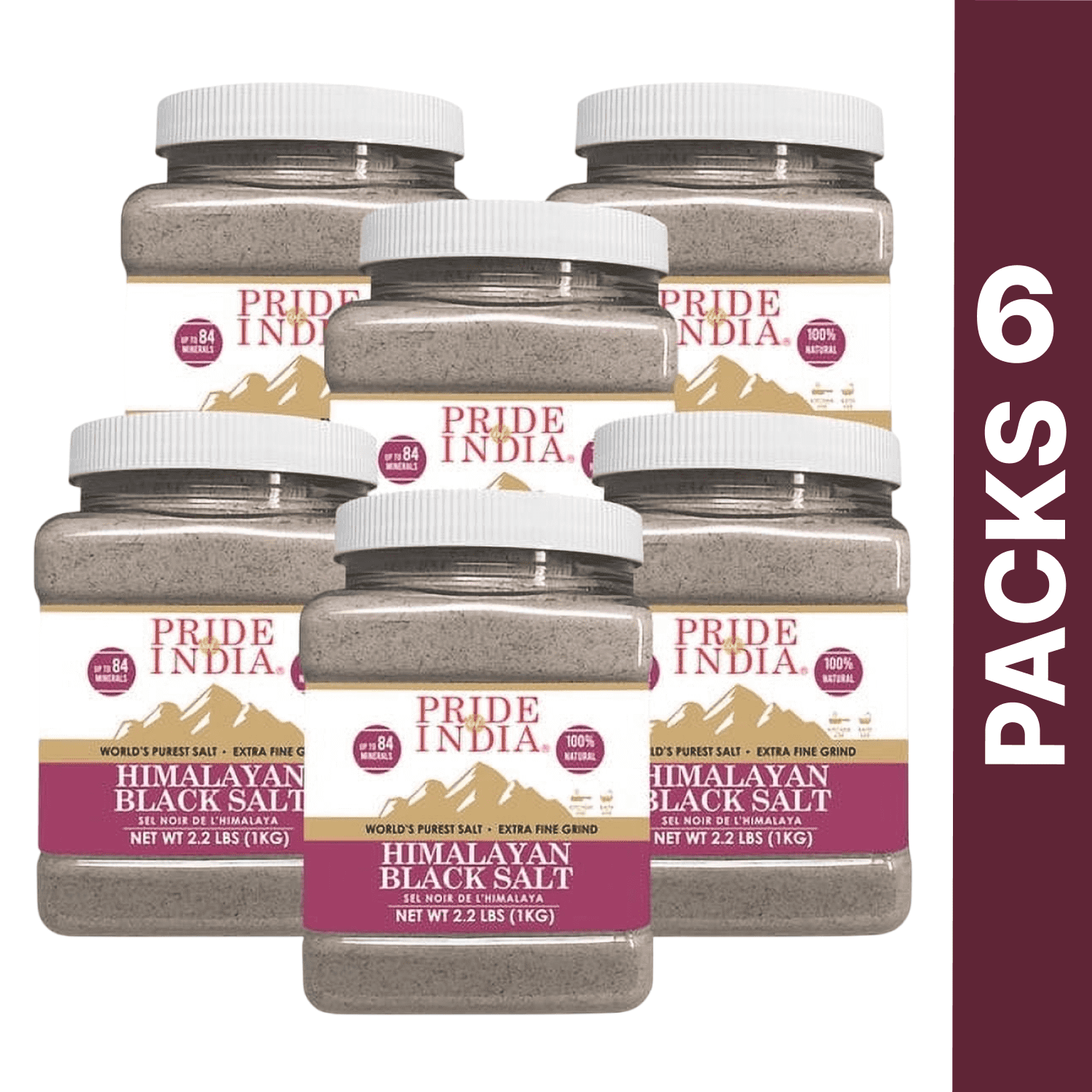 Pride Of India - Pack of 6 - Himalayan Black Salt Kala Namak, Extra Fine, 2.2 lbs, Vegan & Gluten Free, Natural Faux Egg Flavor