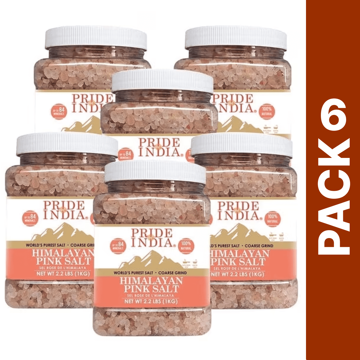 Pride of India - Pack of 6 - Himalayan Pink Salt, Coarse 4-5mm, 2.2 lb Jar, Ideal for Salt Grinders, Cooking & Bath , Gluten-Free