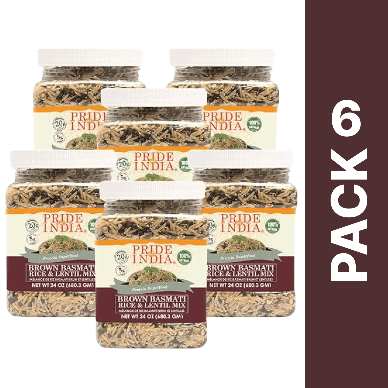 Pride Of India - PACK of 6 - Brown Basmati Rice And Lentil Kitchari Mix - Protein Superfood, 1.5 lbs Jar