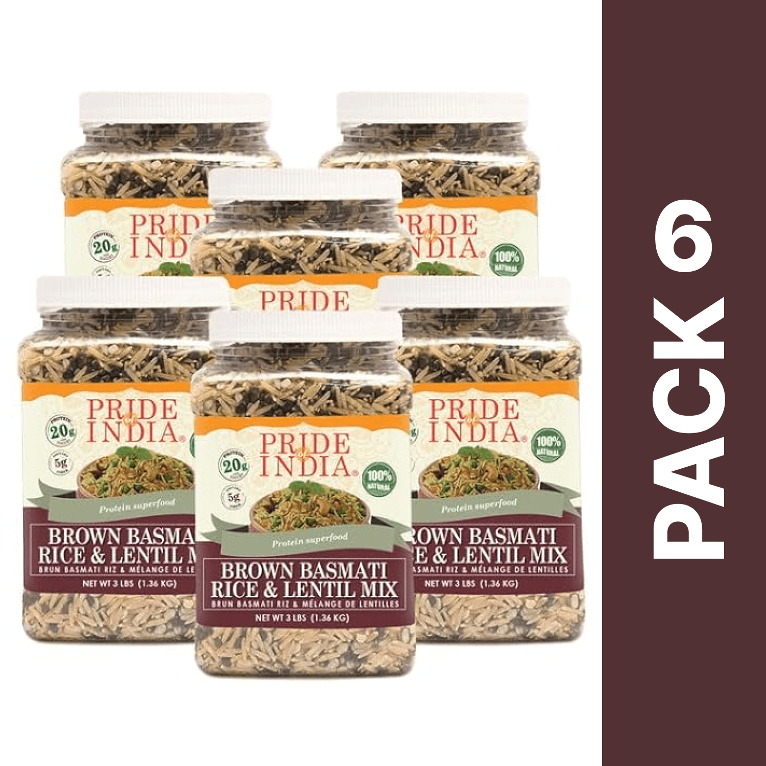 Pride Of India - PACK of 6 - Brown Basmati Rice And Lentil Kitchari Mix , Protein Superfood, 3 lbs Jar, Gluten-Free