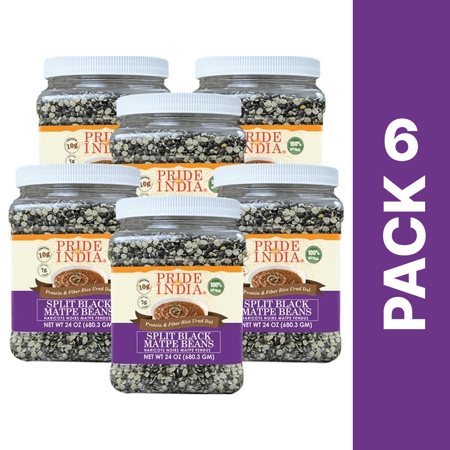 Pride Of India - PACK of 6 - Indian Split Black Gram Matpe Beans - Protein And Fiber Rich Urad Dal, 1.5 Pound Jar