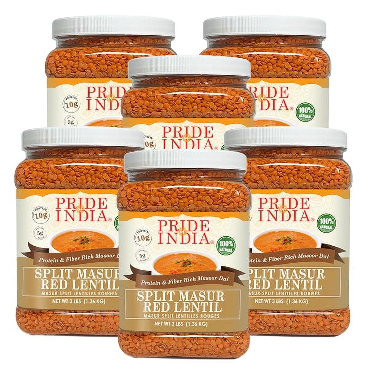 Pride of India Indian Split Masur Red Lentils, 3 lb Jar, Pack of 6
