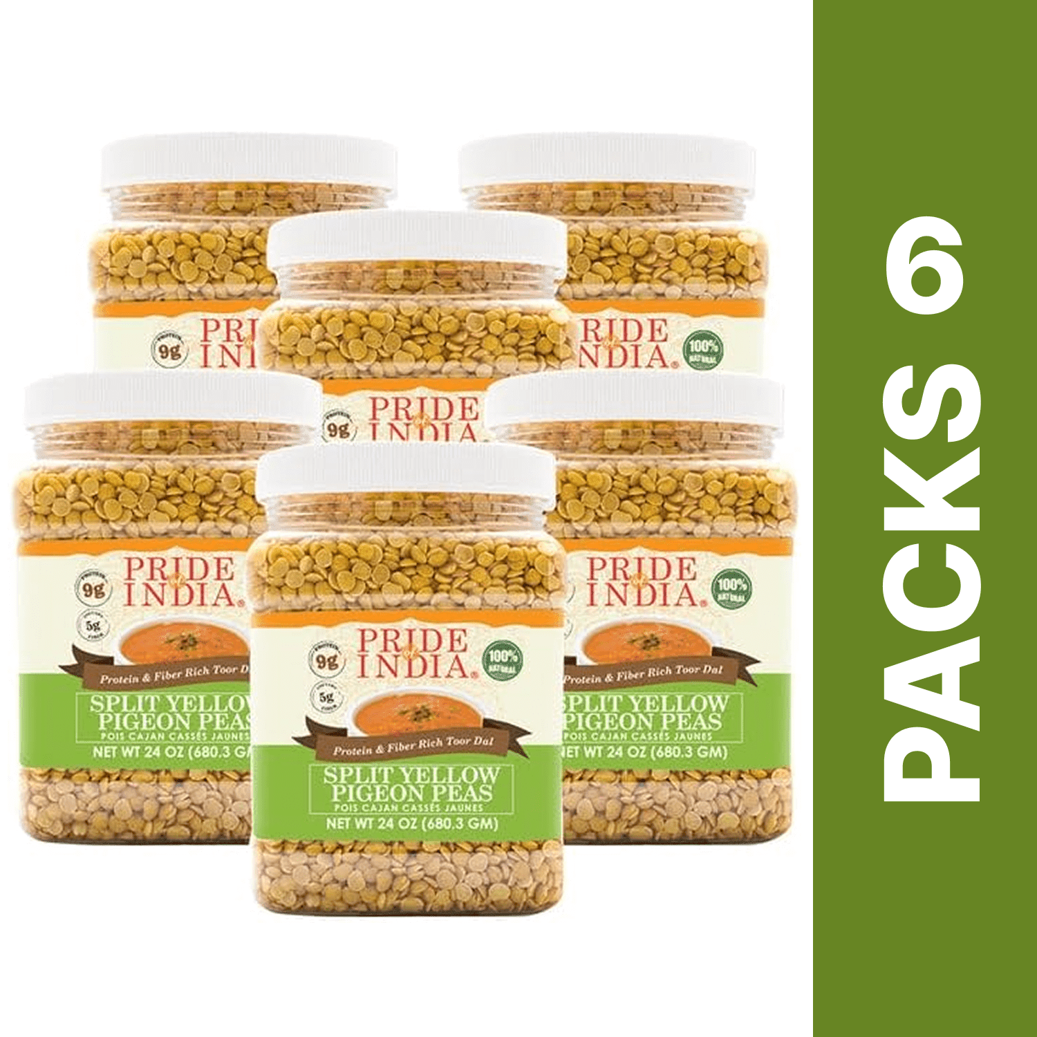 Pride Of India - PACK of 6 - Indian Split Yellow Pigeon Peas - Protein And Fiber Rich Toor (Arahar) Dal, 1.5 Pound Jar