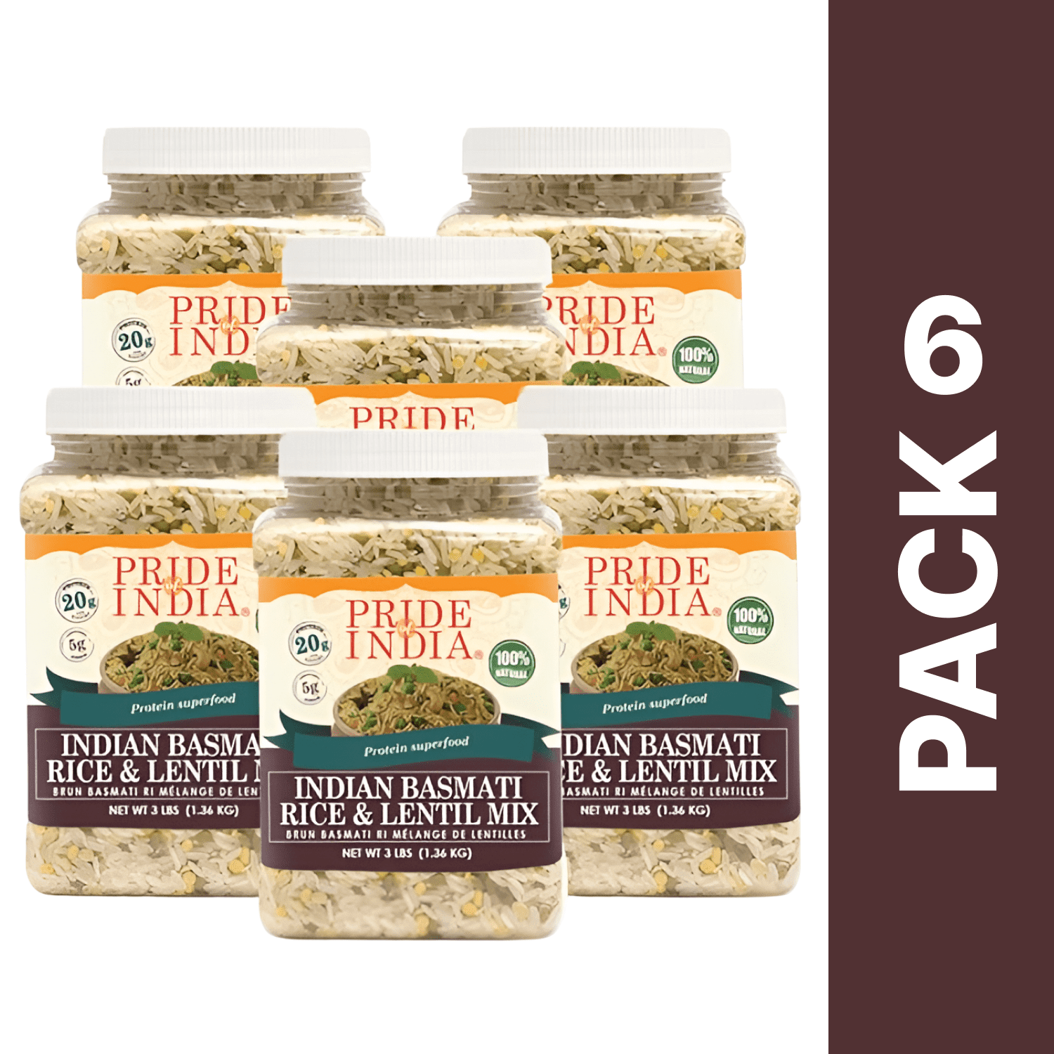 Pride of India - Pack of 6 - White Basmati Rice And Lentil Kitchari Mix, Protein Superfood, 3 lbs Jar